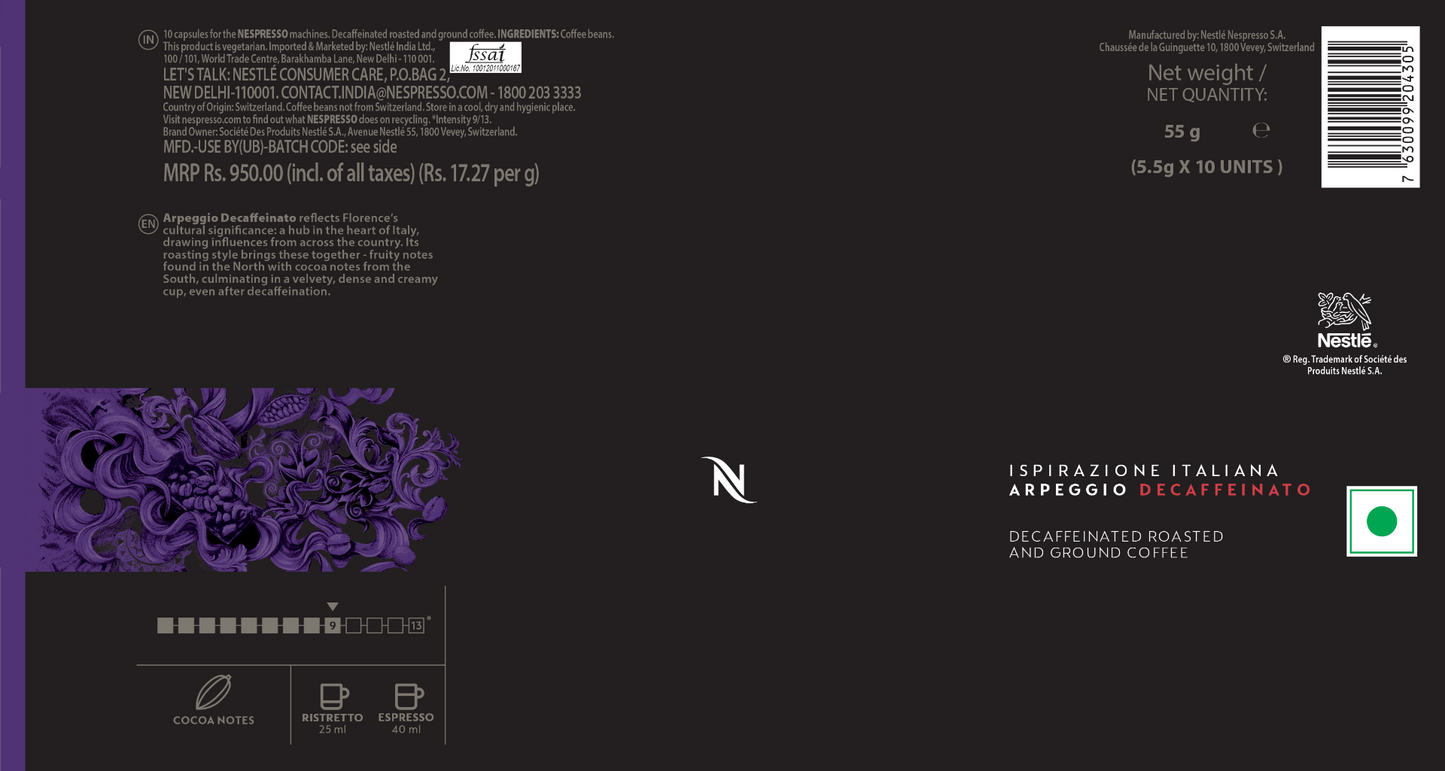 Nespresso Pods Ispirazione Italiana Arpeggio Decaffeinato - 1 sleeve (5.5g x 10 capsules)