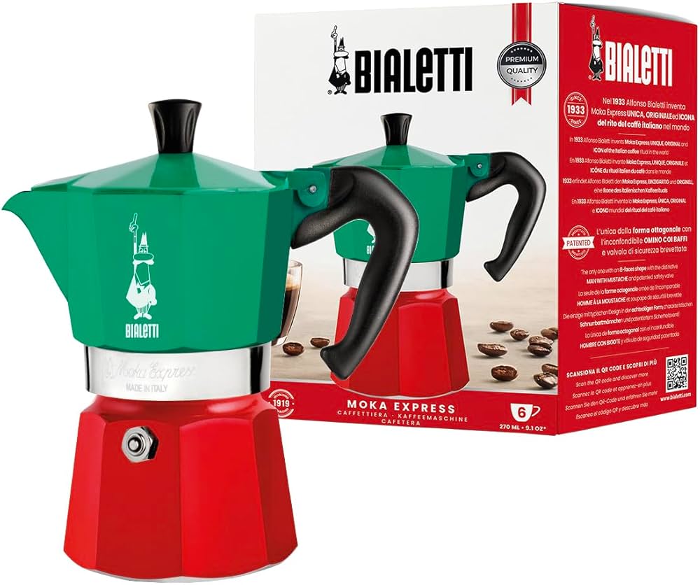 Bialetti Moka Express Tricolor Espresso Maker 5322 – Italian Stovetop Coffee Maker, Authentic Espresso Brewer, Durable Aluminium Coffee Maker